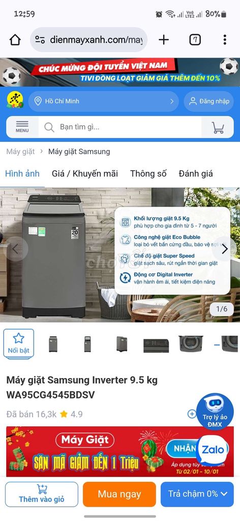 Máy giặt Samsung Inverter 9kg mới xài được 2 tháng