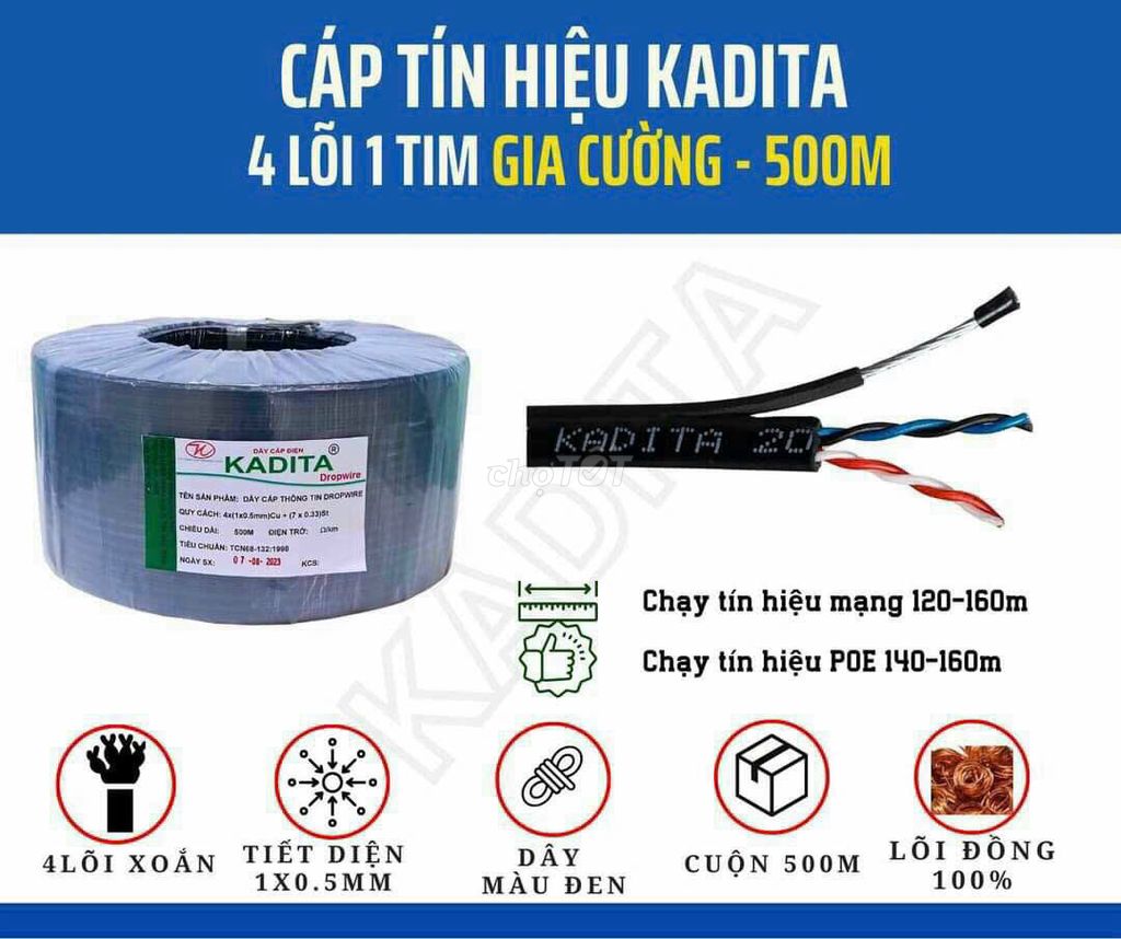 Cuộn 500m cáp Kadita 4 lõi đồng có cáp gia cường