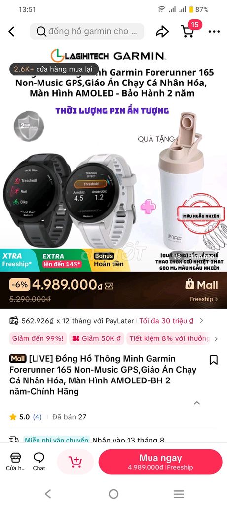 Garmin Forerunner 165 AMOLED. Mua bán Thiết bị đeo thông minh tại Thành phố Biên Hòa Đồng Nai được đăng bởi Thu Trang Nguyễn hình 1