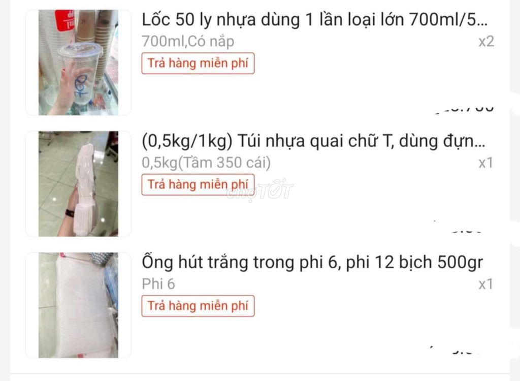 100 ly có nắp, 1 bịch ống hút, 0.5kg bọc đựng ly