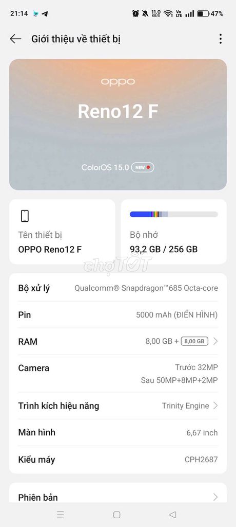 OPPO Reno12 F 256GB Đen. Mua bán Điện thoại tại Huyện Hòa Vang Đà Nẵng được đăng bởi Lê Đức Mạnh hình 1