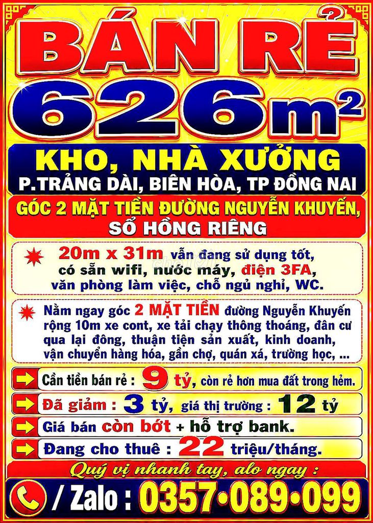 626m2 BÁN RẺ KHO, NHÀ XƯỞNG TRẢNG DÀI, GÓC 2 MẶT TIỀN NGUYỄN KHUYẾN