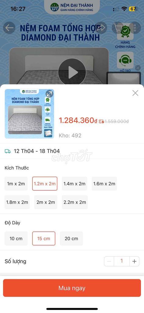 Nệm Đại Thành Diamond 1.2m x 2m. Mua bán Giường, chăn ga gối nệm tại Quận Đống Đa Hà Nội được đăng bởi Điện tử Đức Tuấn hình 1