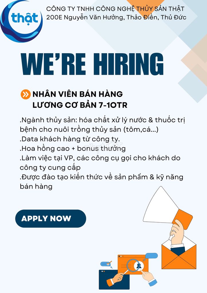 Nhân viên bán hàng thuốc thủy sản Quận 2, TpHCM. Việc làm Bán hàng tại Quận 1 Tp Hồ Chí Minh được đăng bởi Công ty TNHH Truyền Thông Thật hình 1