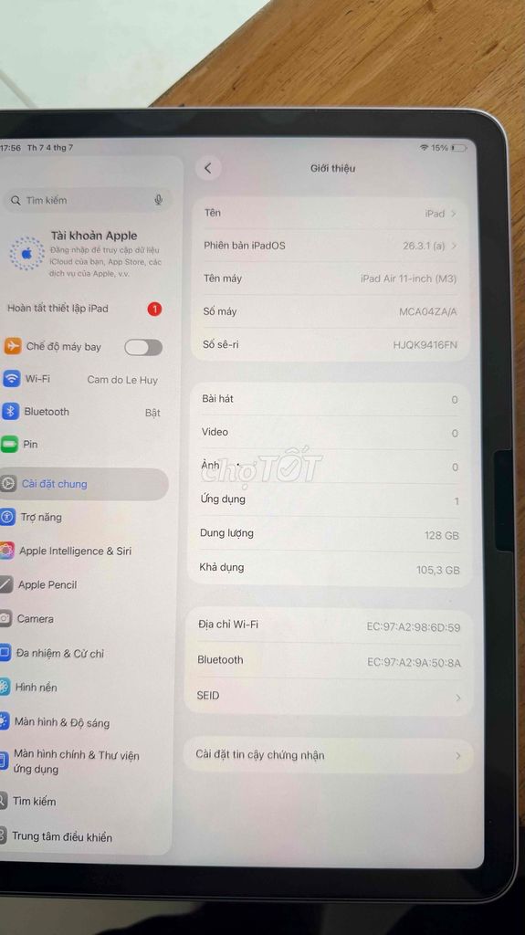 Apple iPad Air 11 (M3) 128GB Tím 98%. Mua bán Máy tính bảng tại Thành phố Dĩ An Bình Dương được đăng bởi Cầm Đồ Lê Huy hình 1