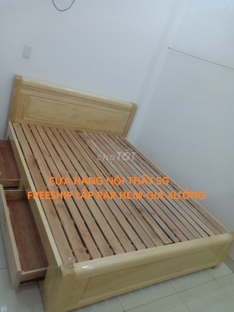 Giường Gỗ Sồi Có Hộc Kéo 1M6-1M8X2M Siêu Bền