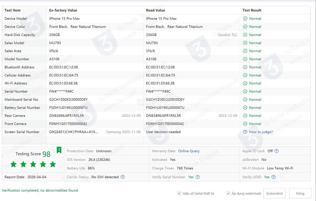 Pass 15 prm vna titan 256gb đẹp. Mua bán Điện thoại tại Quận Hoàn Kiếm Hà Nội được đăng bởi bin z hình 1