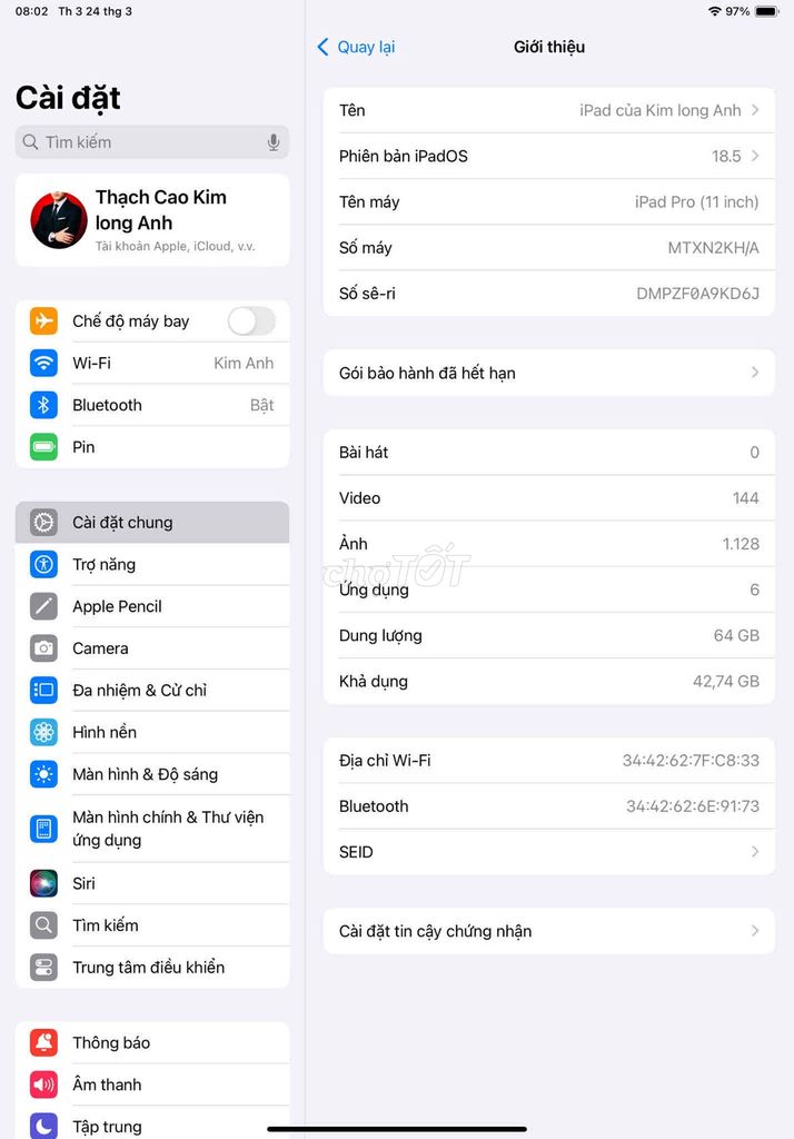 Apple iPad pro 2018 64g WIFI nguyên zin Pin 95%. Mua bán Máy tính bảng tại Thành phố Buôn Ma Thuột Đắk Lắk được đăng bởi Hoàng thế Vĩnh  hình 1