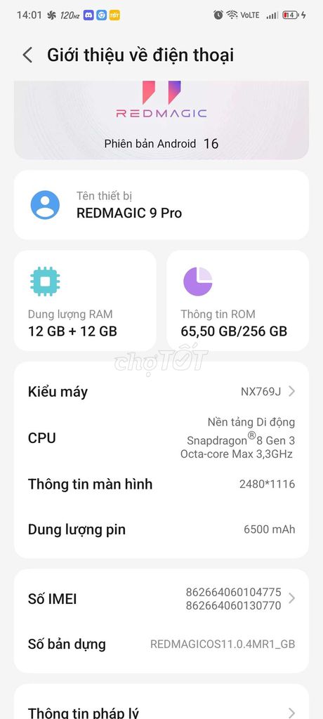 RedMagic 9 Pro 12GB/256GB Snapdragon 8 Gen 3. Mua bán Điện thoại tại Quận Bình Tân Tp Hồ Chí Minh được đăng bởi Duy Nguyễn hình 1
