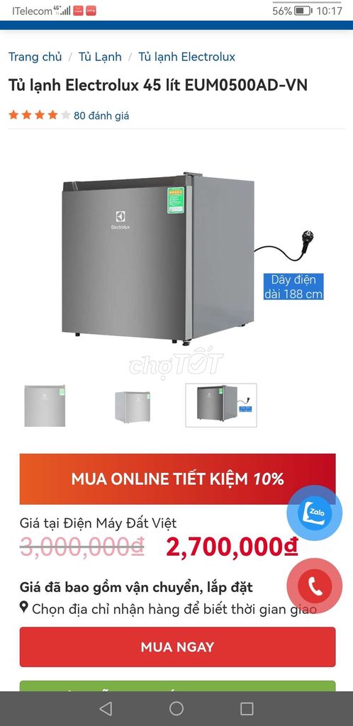 Tủ lạnh electrolux 46 lít tủ đẹp máy êm