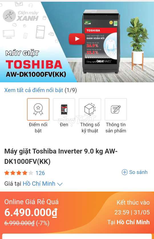 Máy giặt bỏ mẫu Toshiba DK1000FV mạnh 9kg inverter