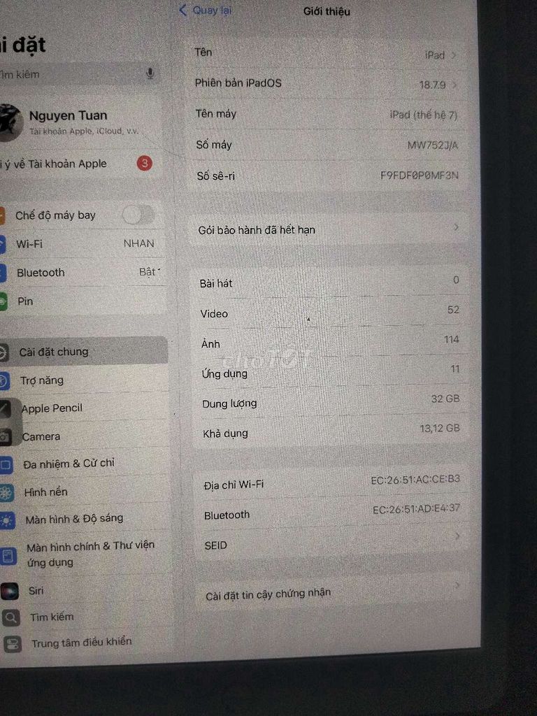 Apple iPad Gen 7 32GB Trắng. Mua bán Máy tính bảng tại Huyện Đại Lộc Quảng Nam được đăng bởi Tuấn Dior999  hình 1