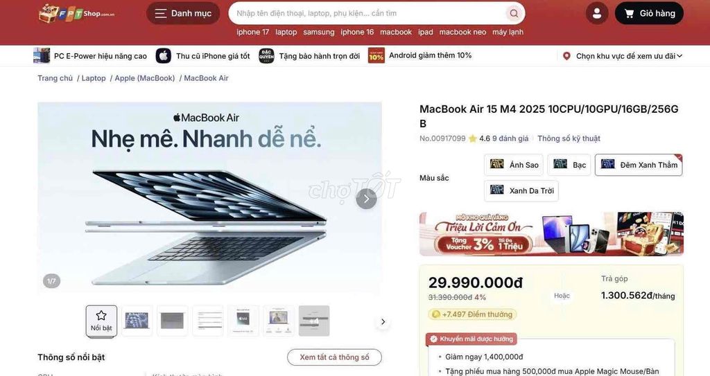 Apple Macbook Air M4 10CPU 15 inch 16GB/256GB New. Mua bán Laptop tại Quận Đống Đa Hà Nội được đăng bởi  Cường Táo hình 1
