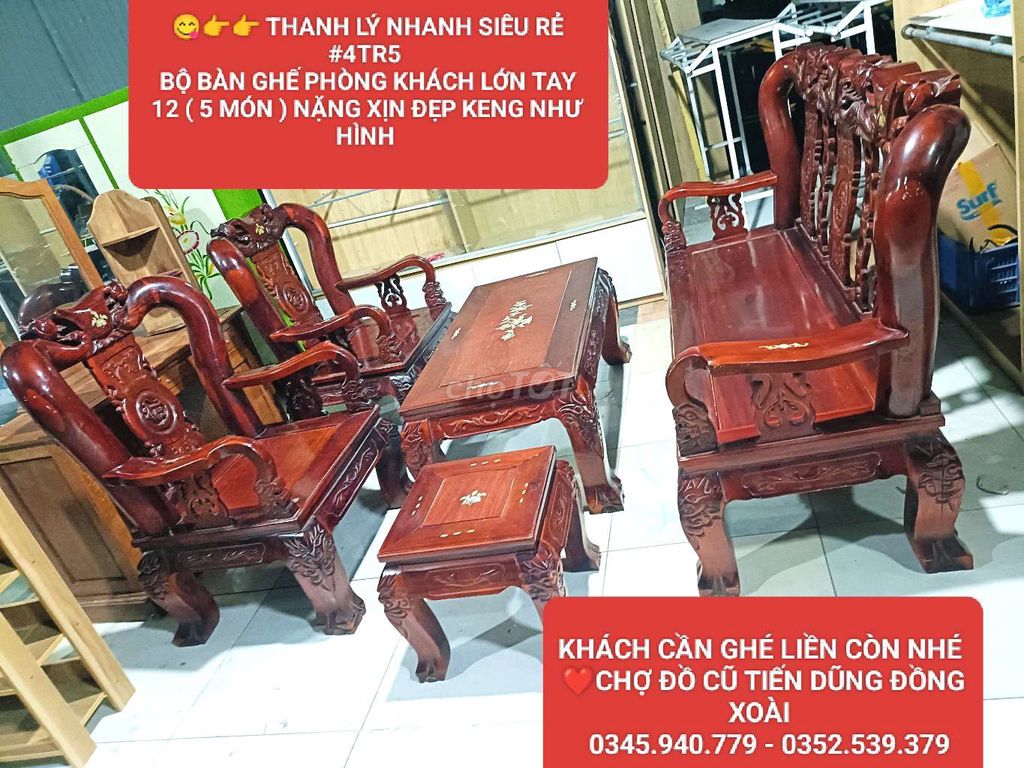 Bộ bàn ghế Gỗ tự nhiên Tay 12 5 món. Mua bán Bàn ghế tại Thành phố Đồng Xoài Bình Phước được đăng bởi CHỢ ĐỒ CŨ TIẾN DŨNG hình 1