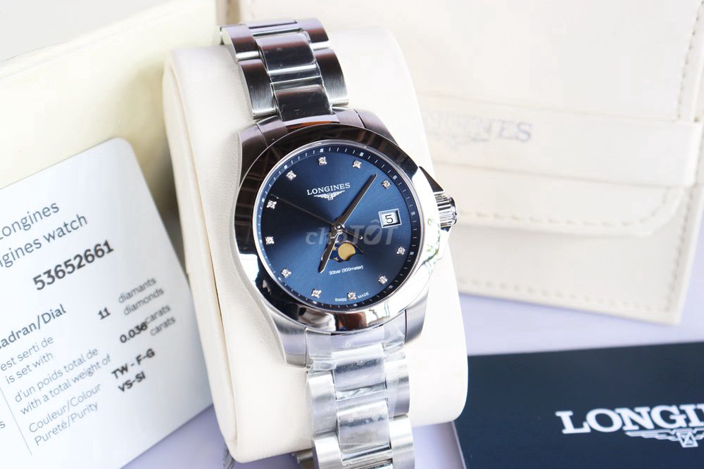 Longines Nữ Dial Blue Moonphase Kim Cương Mới 100%