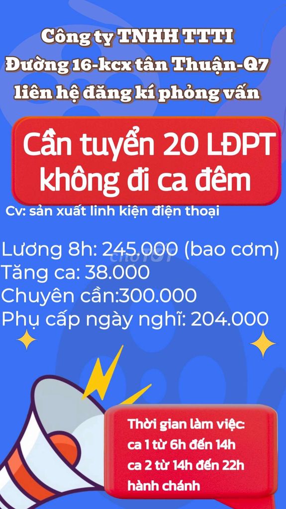 Cần gấp 20 thời vụ không đi ca đêm q7