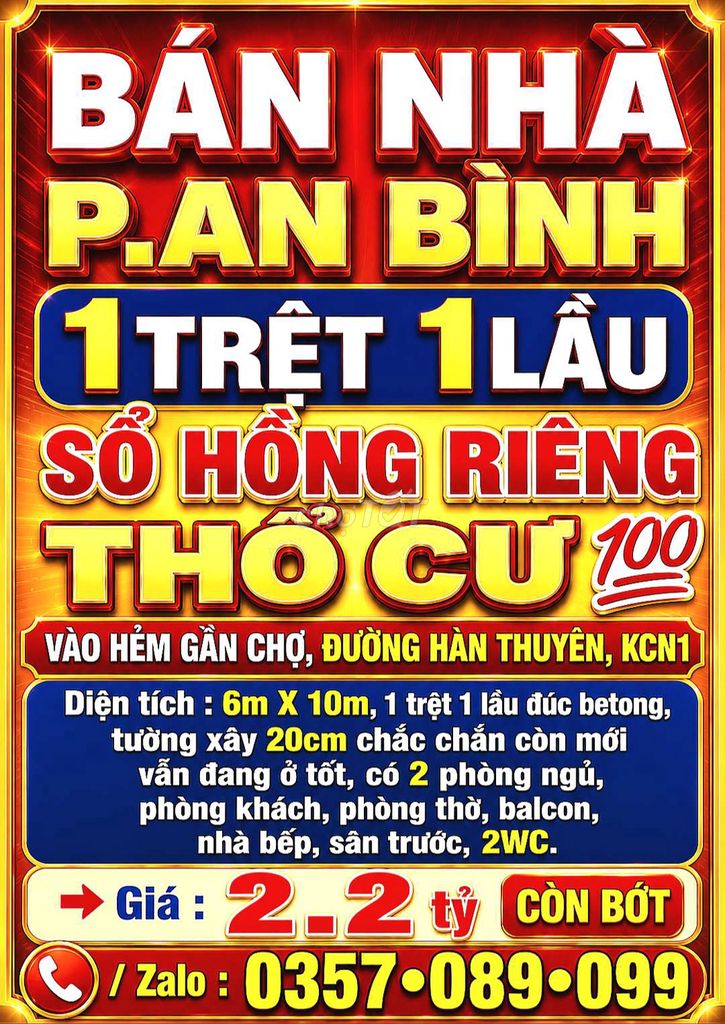 BÁN NHÀ AN BÌNH, 1TRỆT 1LẦU, SỔ HỒNG RIÊNG THỔ CƯ, GẦN CHỢ, KCN1
