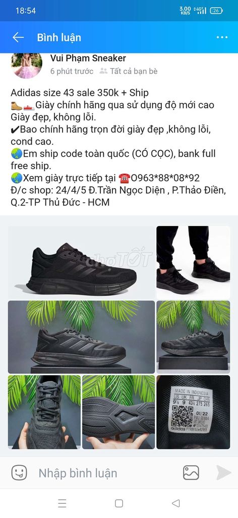 Giày Adidas Duramo đen size 43 2hand chính hãng