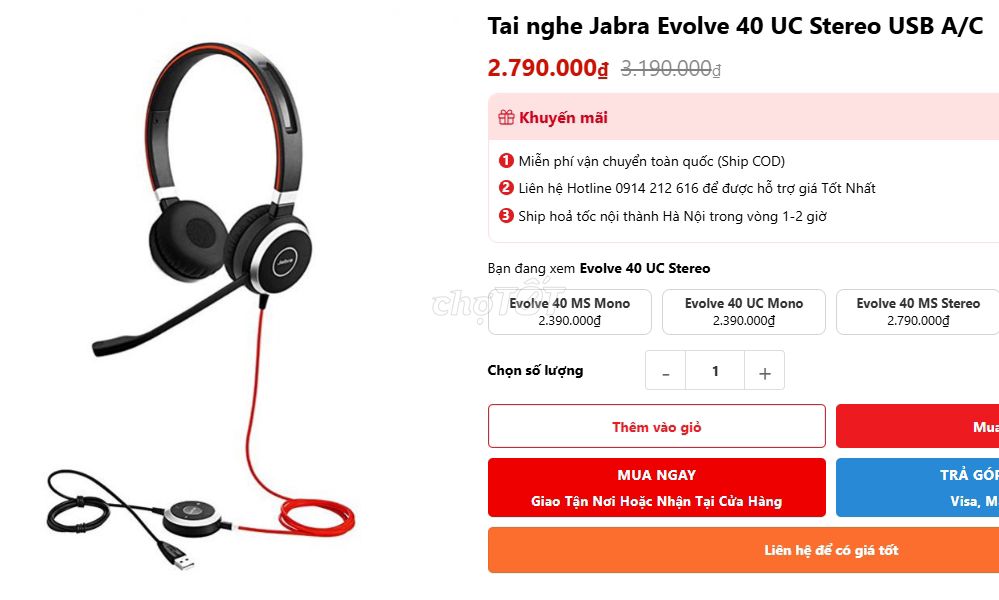 Tai nghe Jabra Evolve 40 (bản có bộ điều khiển)