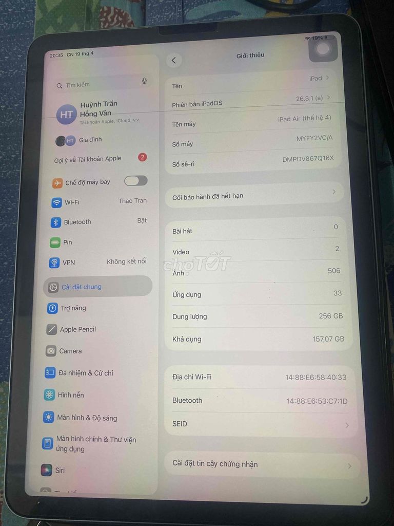 Apple iPad Air 4 256GB lỗi nhỏ giá rẻ hơn 64GB. Mua bán Máy tính bảng tại Quận Bình Thuỷ Cần Thơ được đăng bởi Nguyễn Phước Thịnh hình 1