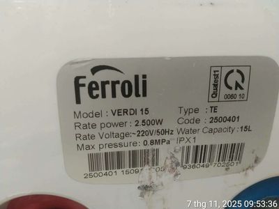 Bình nóng lạnh Ferroli VERDI 15 15L. Mua bán Thiết bị vệ sinh, nhà tắm tại Quận Nam Từ Liêm Hà Nội được đăng bởi Nguyễn Thị Dung
