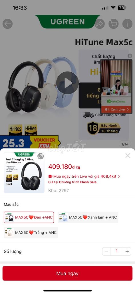Tai nghe UGREEN HiTune Max5C Đen. Mua bán Tivi, Âm thanh tại Thành phố Vũng Tàu Bà Rịa - Vũng Tàu được đăng bởi Châu Trần hình 1