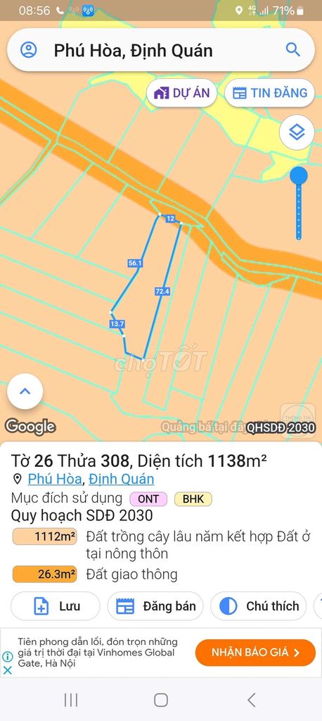 Bán đất thổ cư 1138m2 phú hòa, định quán, đồng nai