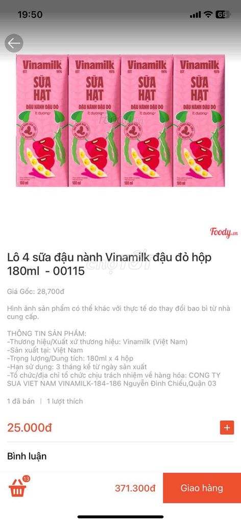 sữa Vinamilk đậu nành đậu đỏ 180ml