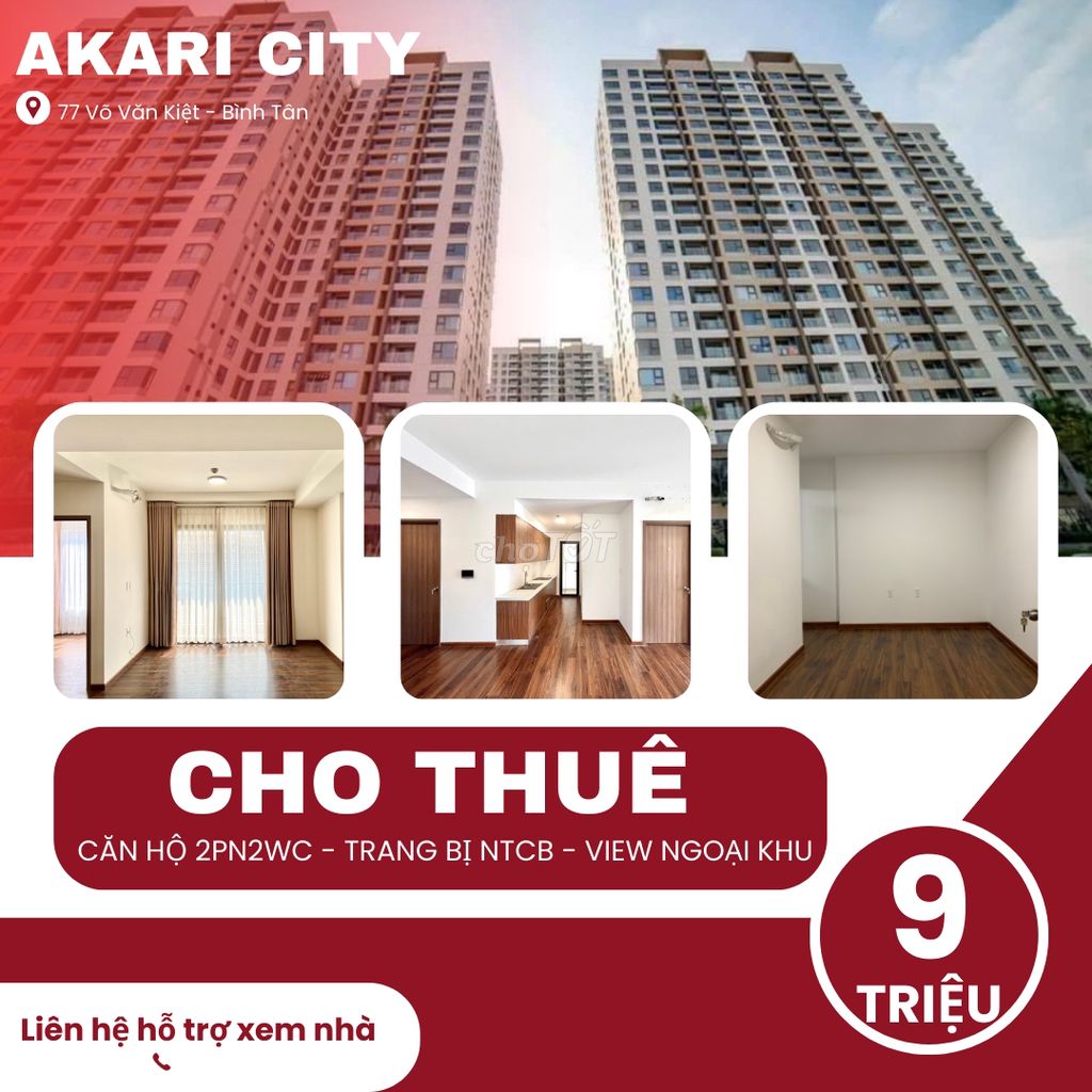 Cho thuê Akari City 75m2 2pn2wc, giá 9 triệu, view ngoại khu mát