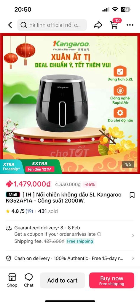 Nồi chiên không dầu 5L Kangaroo KG52AF1A (mới 100%