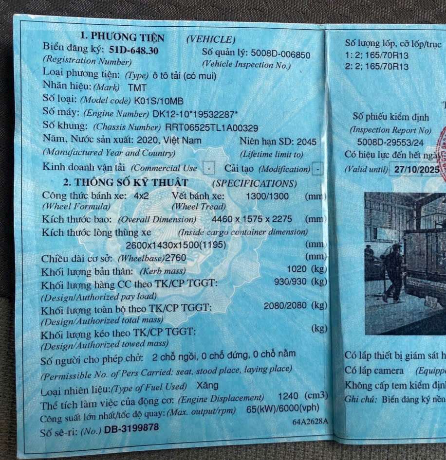 Bán gấp TMT 945kg đời 2020 thùng bạt 2m6. Mua bán Xe tải, xe ben tại Thành phố Thuận An Bình Dương được đăng bởi Hồ Xe Tải hình 11