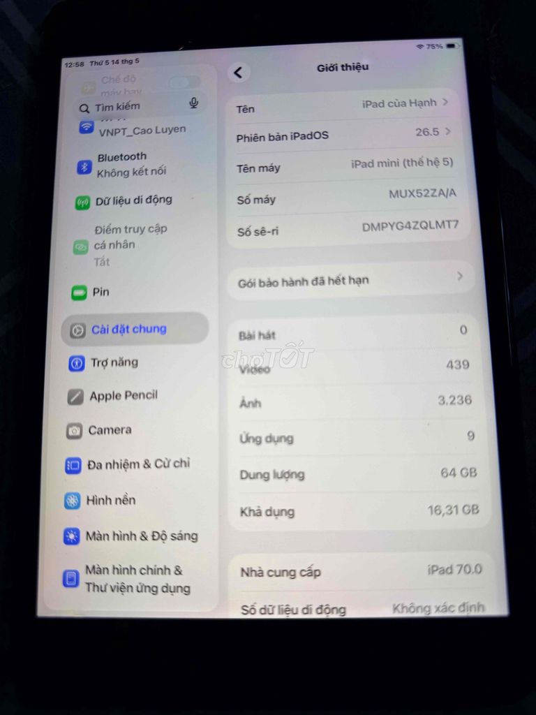 Apple iPad mini 5 4G 64GB Xám. Mua bán Máy tính bảng tại Huyện Krông Pắc Đắk Lắk được đăng bởi Cao Hạnh hình 1