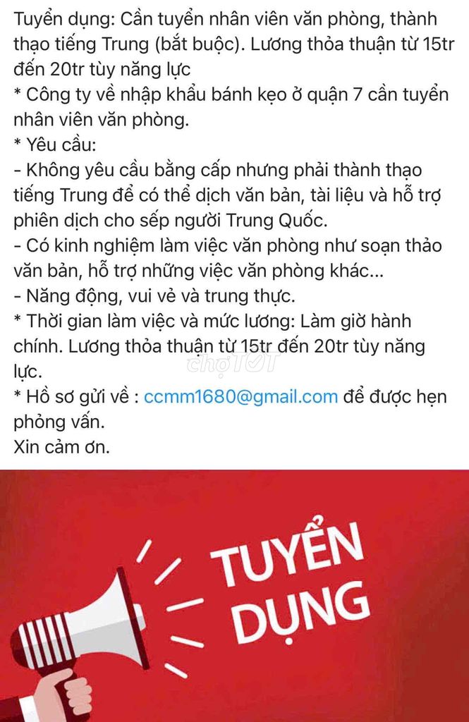 CẦN TUYỂN NHÂN VIÊN VĂN PHÒNG BIẾT TIẾNG TRUNG