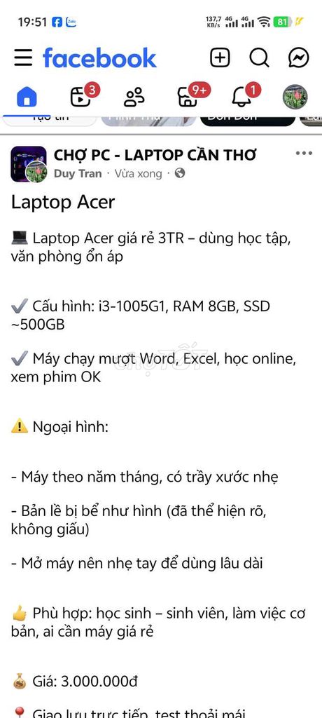 Acer Aspire 3 i3-1005G1 8GB/500GB. Mua bán Laptop tại Huyện Thới Lai Cần Thơ được đăng bởi Duy Tran hình 1