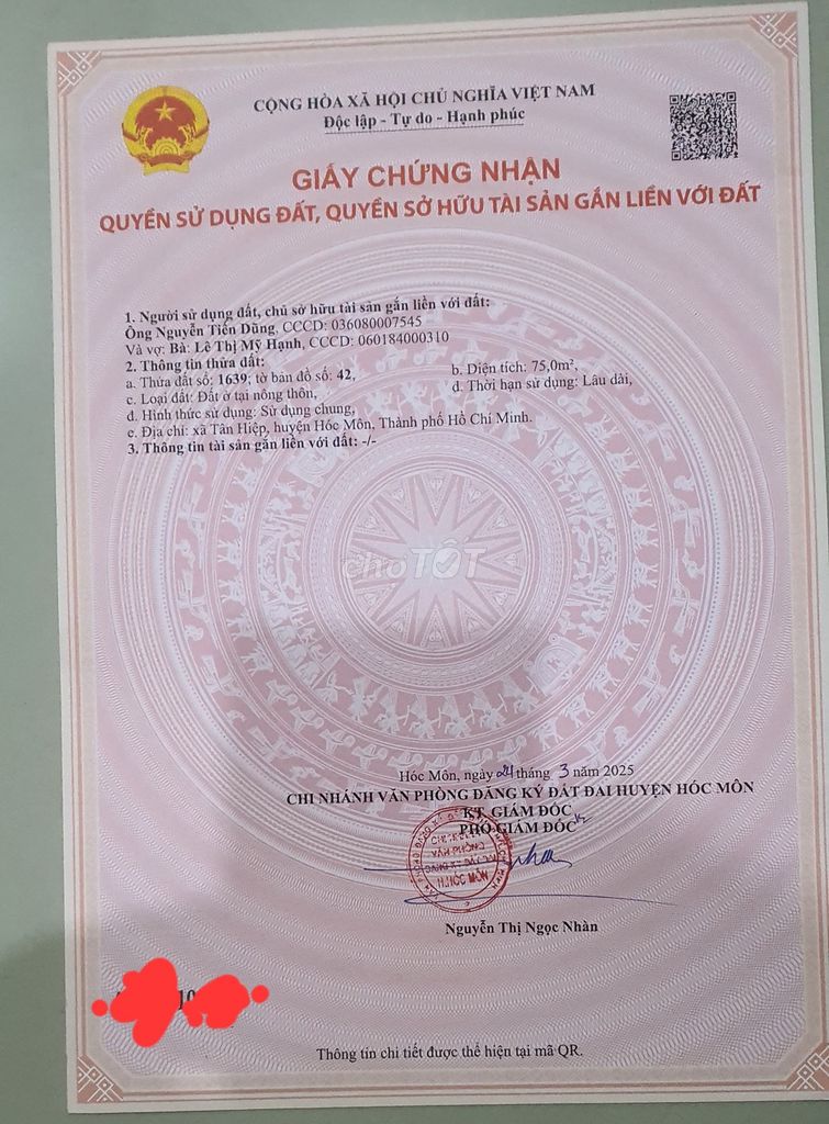 TÔI CHÍNH CHỦ CẦN BÁN 75 M ĐẤT THỔ CƯ  1/TÂN HIỆP 18