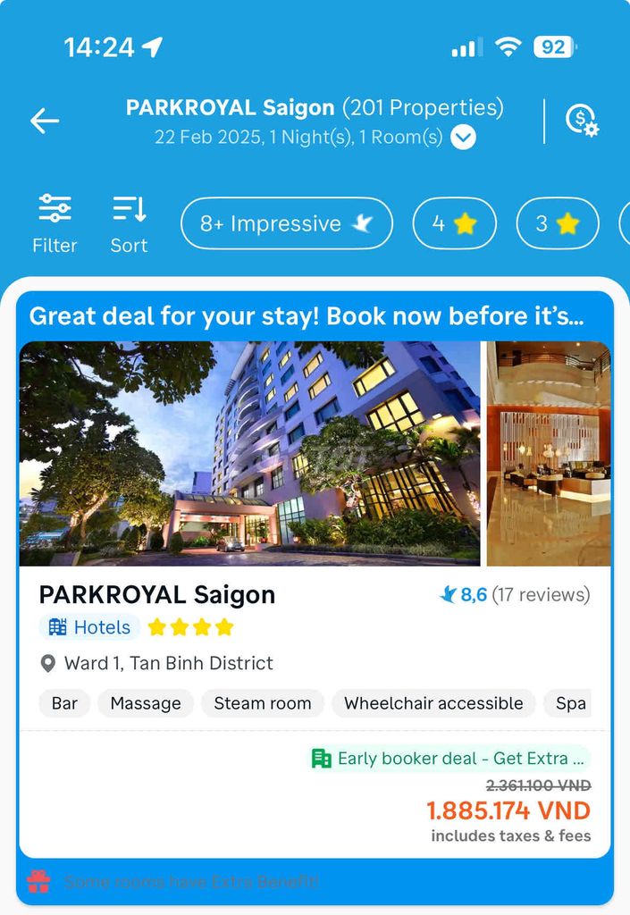 1 đêm tại khách sạn 4 sao ParkRoyal Saigon qTB