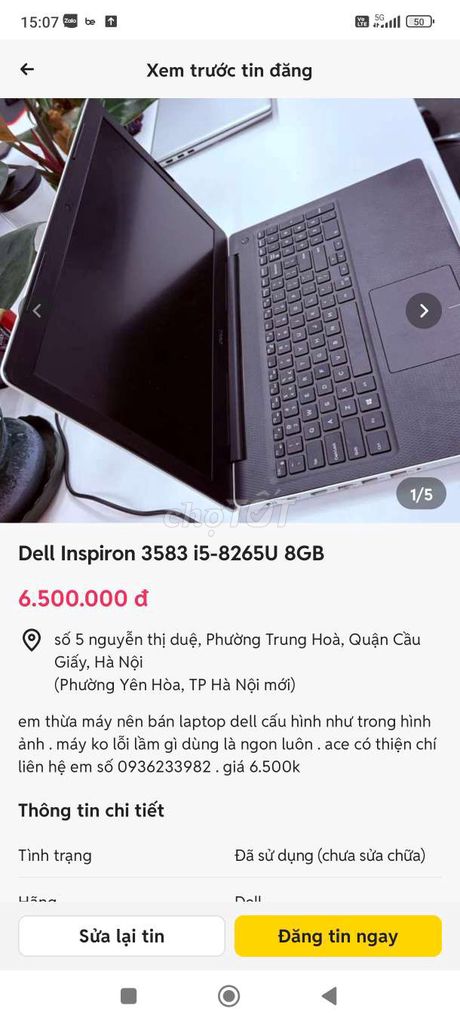 Dell Inspiron 3583 i5-8265U 8GB Bạc. Mua bán Laptop tại Quận Cầu Giấy Hà Nội được đăng bởi Phạm Hương hình 1