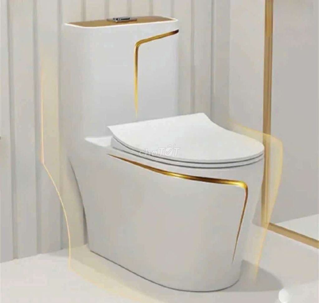 Bồn cầu 1 khối Trắng viền vàng Men sứ phủ nano. Mua bán Thiết bị vệ sinh, nhà tắm tại Quận Bình Tân Tp Hồ Chí Minh được đăng bởi  thiết bị phòng tắm phòng bếp hình 1