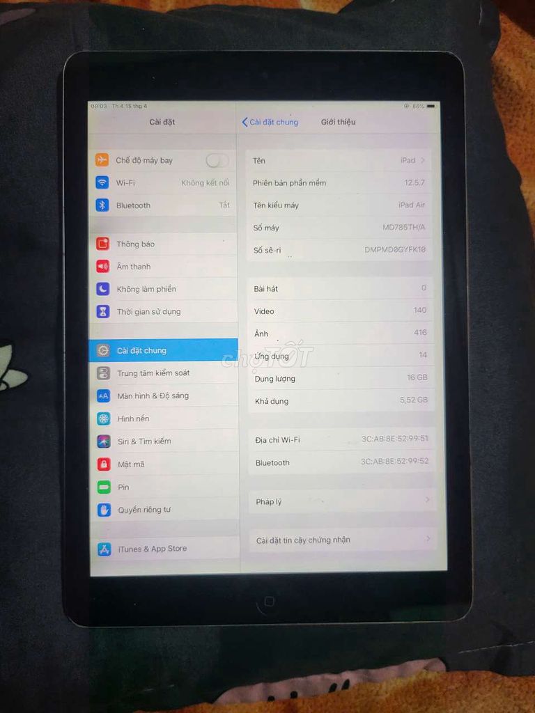 Apple iPad Air 16GB Xám Đã sử dụng. Mua bán Máy tính bảng tại Quận Tân Phú Tp Hồ Chí Minh được đăng bởi Thịnh Phát hình 1