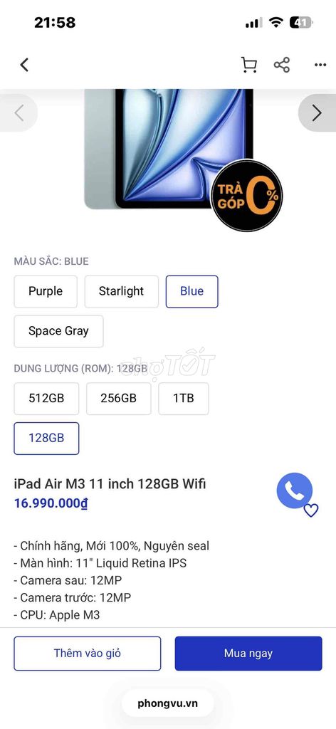 Ipad Air M3 mua phongvu newseal cần bán. Mua bán Máy tính bảng tại Thành phố Thủ Dầu Một Bình Dương được đăng bởi Pham Truong hình 1